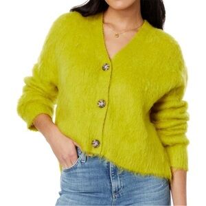 Madewell Brushed V-neck Cardigan Sweater | Heather Chartreuse